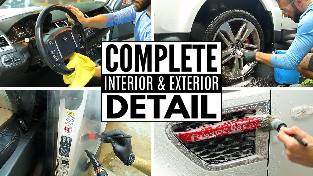 collage. of 4 images showing full interior and exterior detailing of car by a man