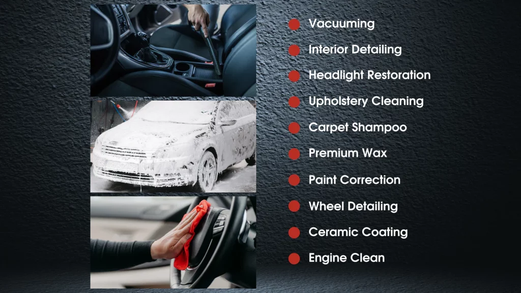 list of services that include interior and exterior detailing alongside collage of 3 cars being detailed