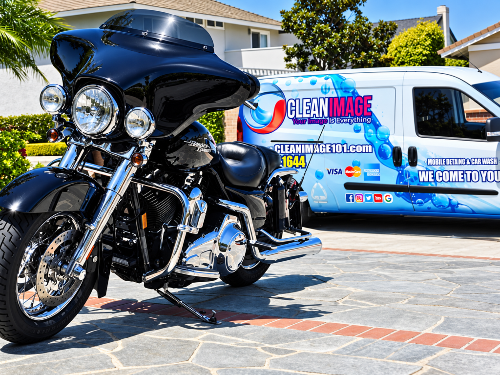 Polished touring motorcycle beside a detailing van