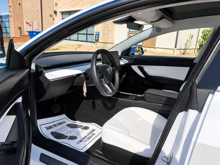 Sunny Tesla Interior at the Dealership