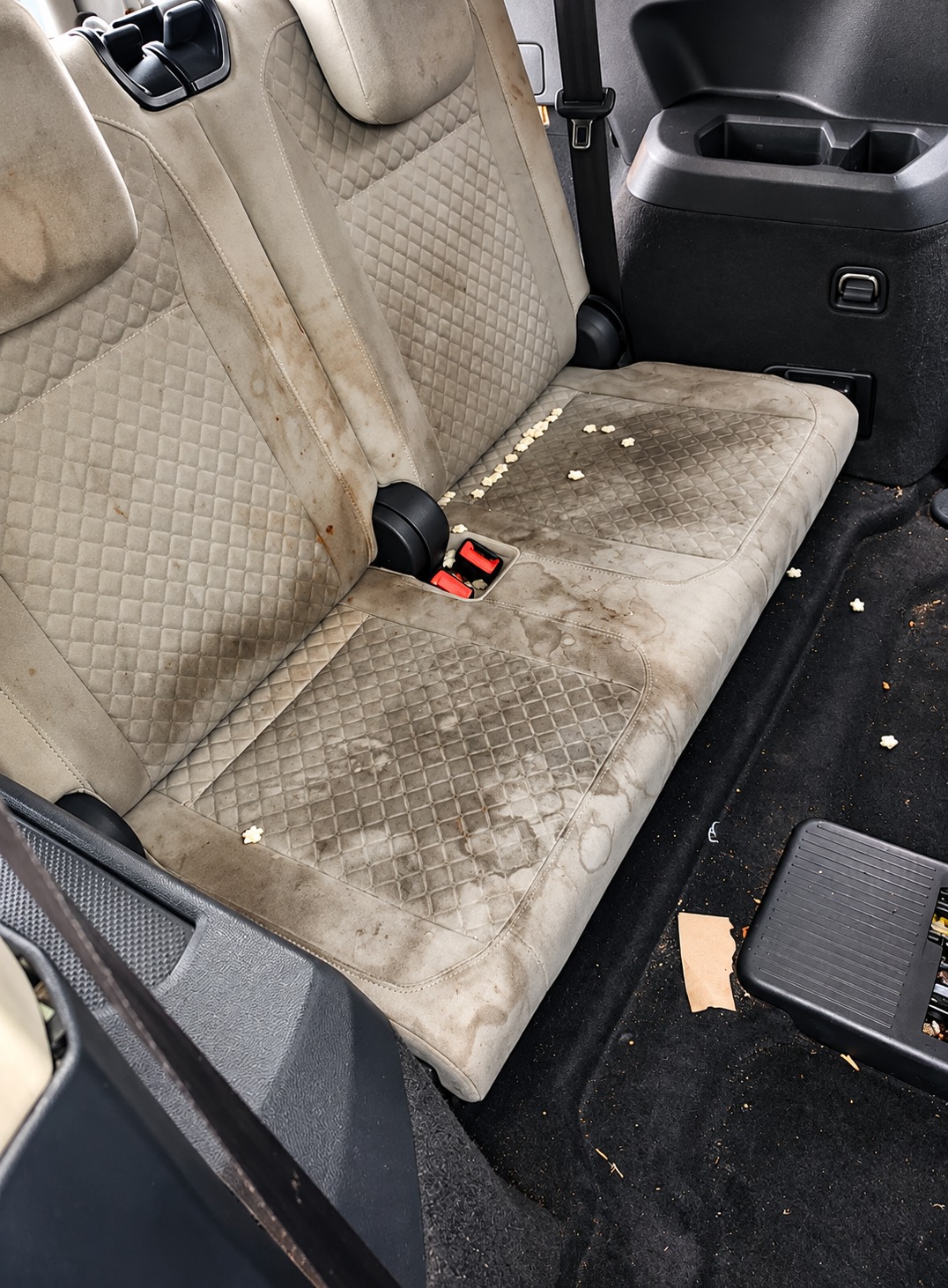 Light patterned rear seats with dark stains and debris before detailing